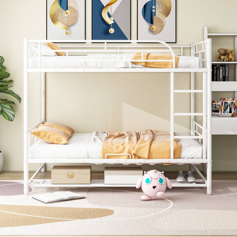 Metal Bunk Bed with Shelf and Guardrails