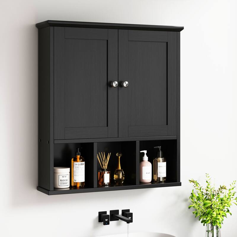 Wall-Mounted Bathroom Cabinet with Open Storage - Black