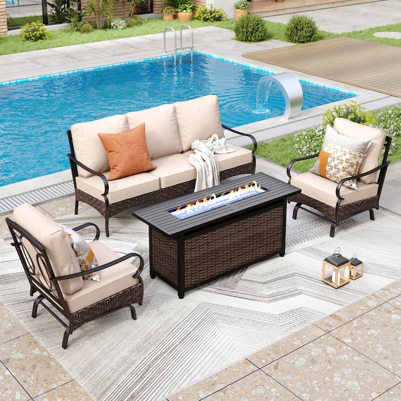 MAISON ARTS 4/6 Pieces Outdoor Heavy-Duty Oversized Metal Conversation Set with Fire Pit Table - 5 Seats - Rocking Chairs
