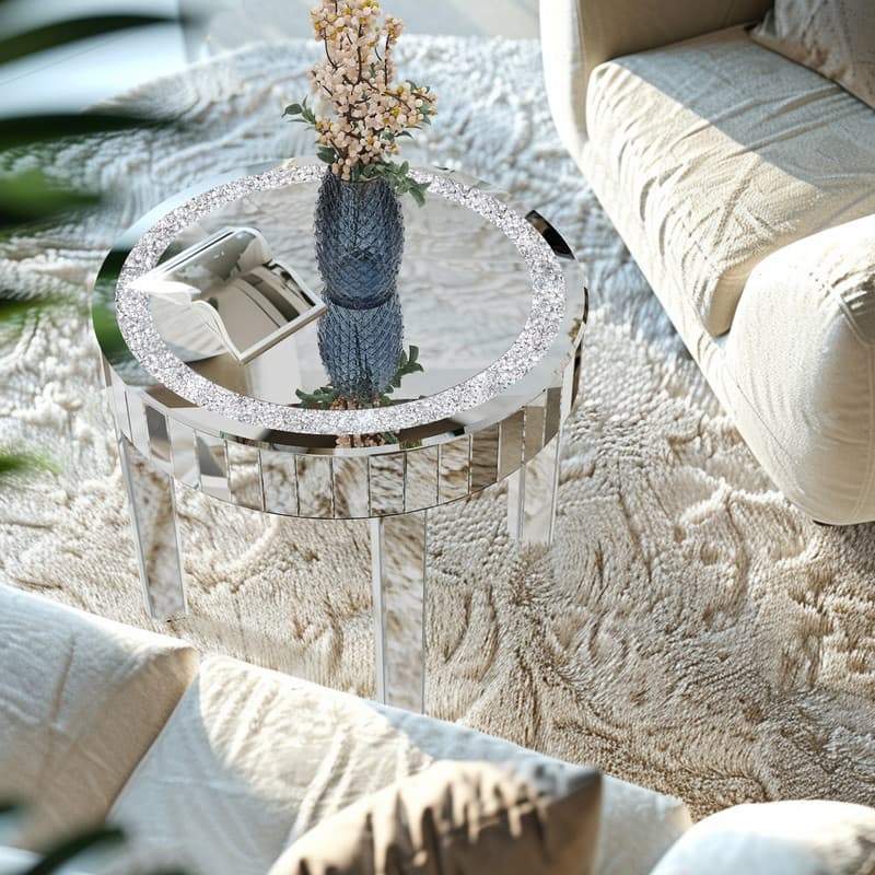 Silver Crushed Crystal Side Coffee Table Crystals Inlay Mirrored Table - 24"x20"