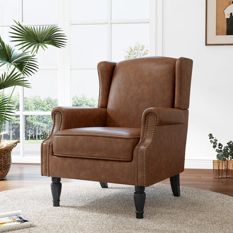 Mid-Century Modern Linen/ Vegan Leather Wing Back Accent Chair