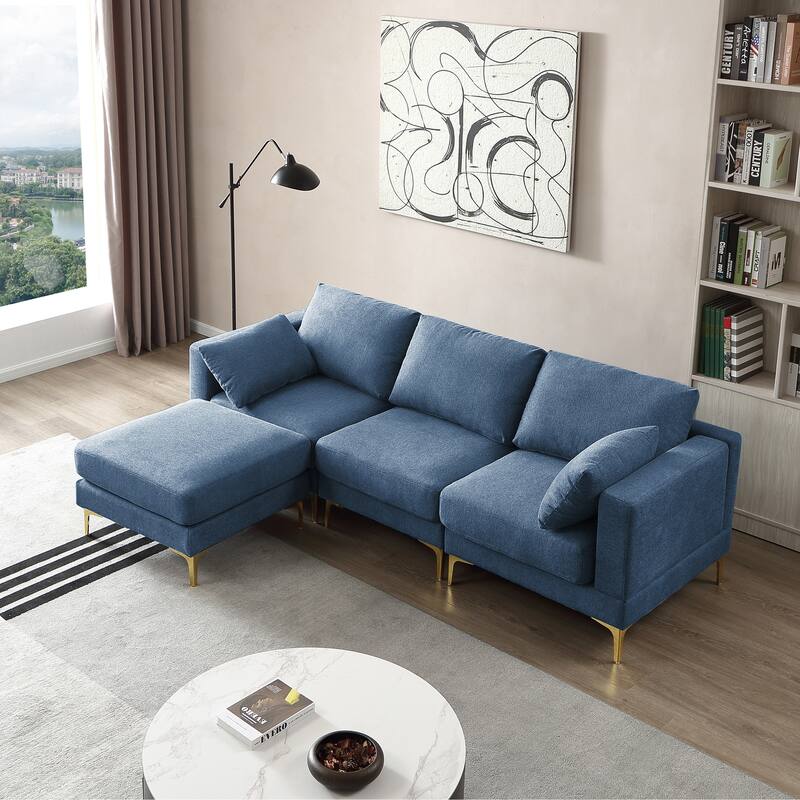92'' Fabric L-Shape 3-Seater Sofa with Ottoman, Gold Metal Legs, and Toss Pillows