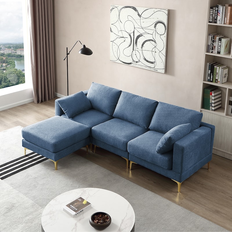 92'' Turquoise L-Shaped 3-Seater Sofa with Ottoman, 2 Pillows, Gold Metal Legs, and Polyester Fabric