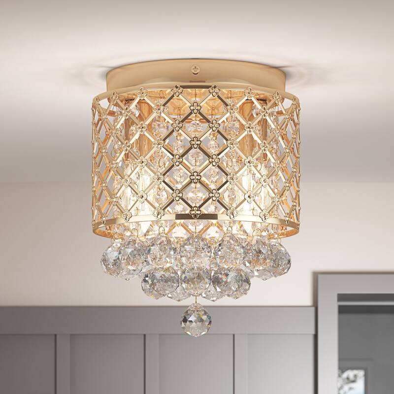 Modern Frech Gold 2-Light Clear Crystal Raindrop Flush Mount Ceiling Light