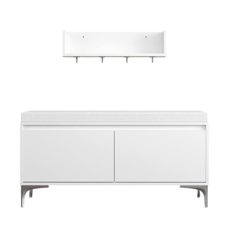 Wall-Mounted Entryway Shelf with Hooks and Storage Bench Set, Modern White Shoe Cabinet with Cushion and Closed Storage