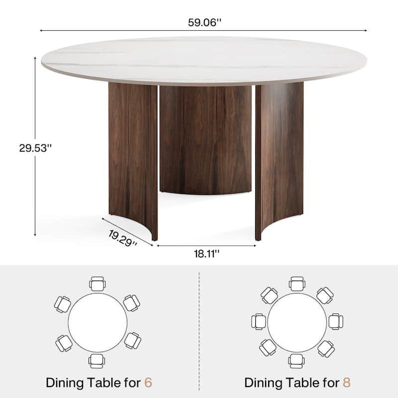 59-Inch Round Stone Top Wood Base Dining Table For 6-8 People - White and Brown