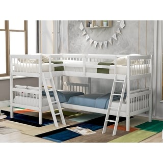 Twin Size L-Shaped Bunk Bed with Ladder, Slatted Wood Design for 4, Full-Length Guardrail for Kids Teens