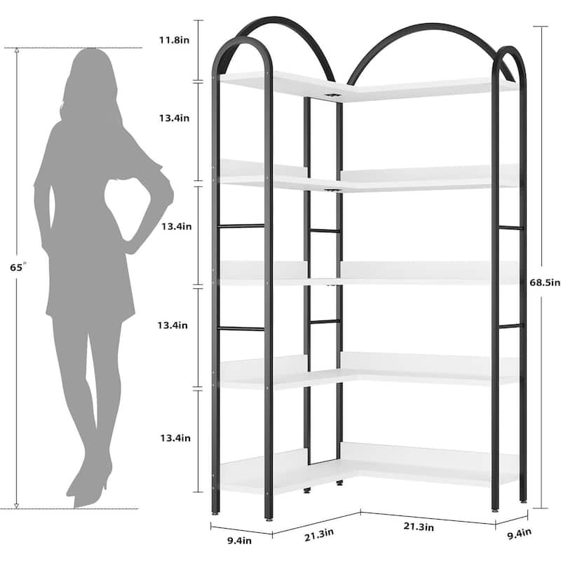 5-Tier L-Shaped Corner Bookshelf, Freestanding Storage Display Shelf for Living Room - N/A
