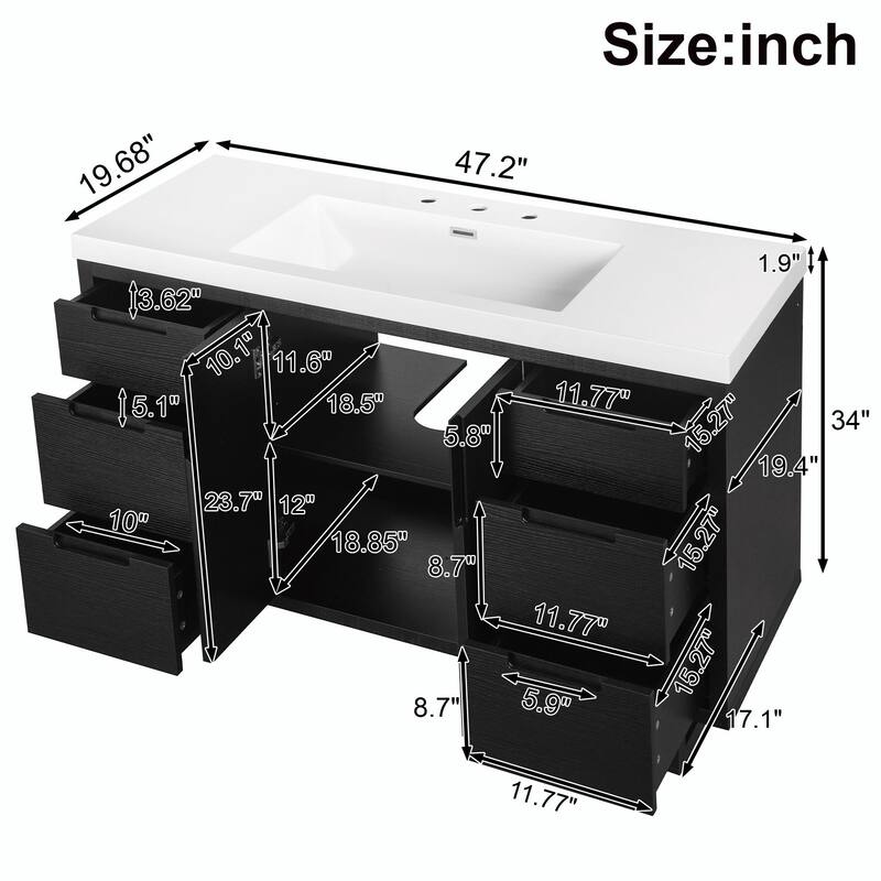 47.2" Modern Bathroom Vanity with Resin Sink, 2 Doors & 6 Drawers, Hidden Soft-Close Slides, Space-Saving Storage Cabinet