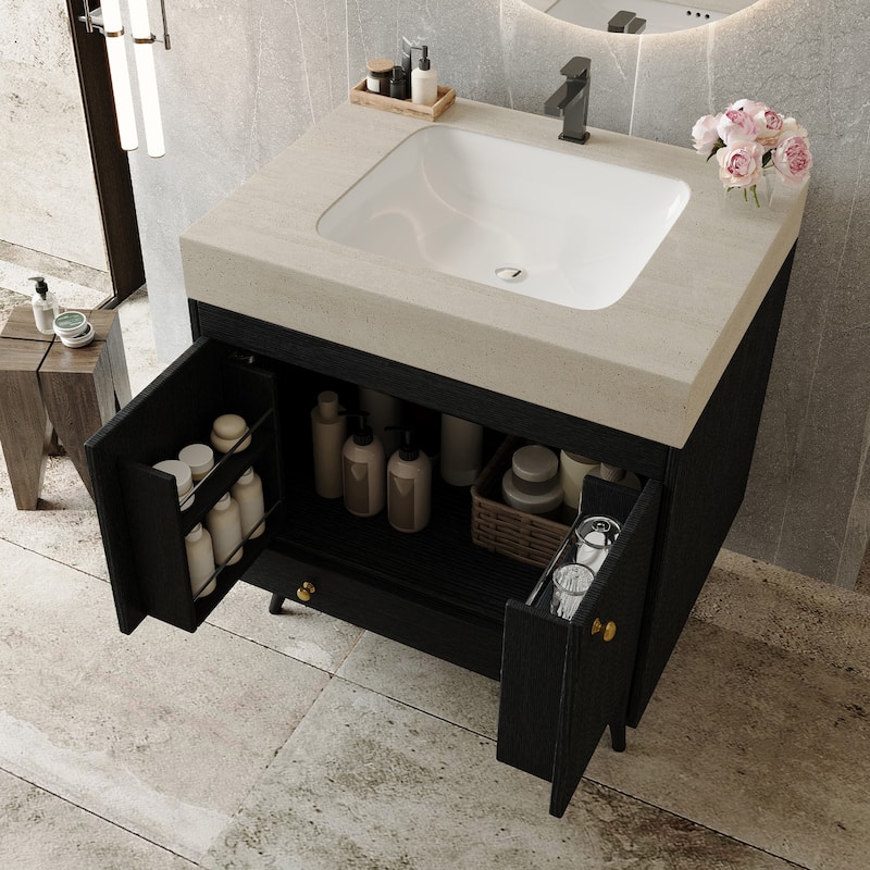 Contemporary 30" Freestanding Bathroom Vanity with Faux Marble Top & Ceramic Sink, Double Door Cabinet
