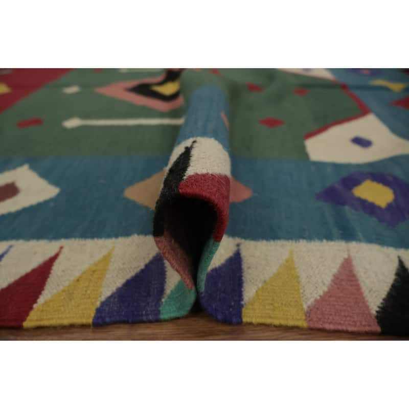 Hand Woven Oriental 100% Wool Carpet Southwestern Modern Green Kilim Area Rug - 11' 11'' X 5' 0''