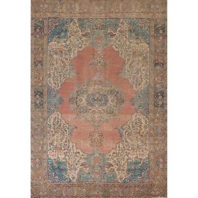 Tabriz Persian Vintage Area Rug Handmade Floral Pink Wool Carpet - 7'11"x 11'8"
