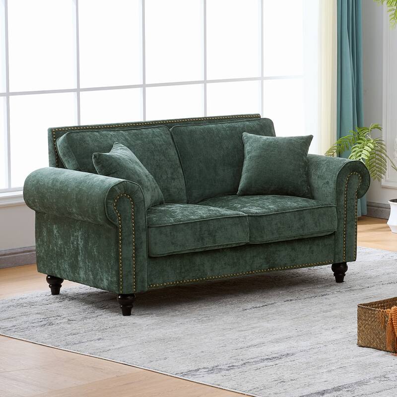 Modern Rolled Arm Chenille Sofa, 2-Seater Green Couch with Nailhead Trim, for Living and Room Apartment
