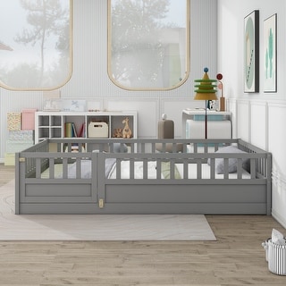 Grey Full Size Pine Wood Floor Bed, Integral Construction with Super High Security Barrier, Door, Children's Floor Bed Frame