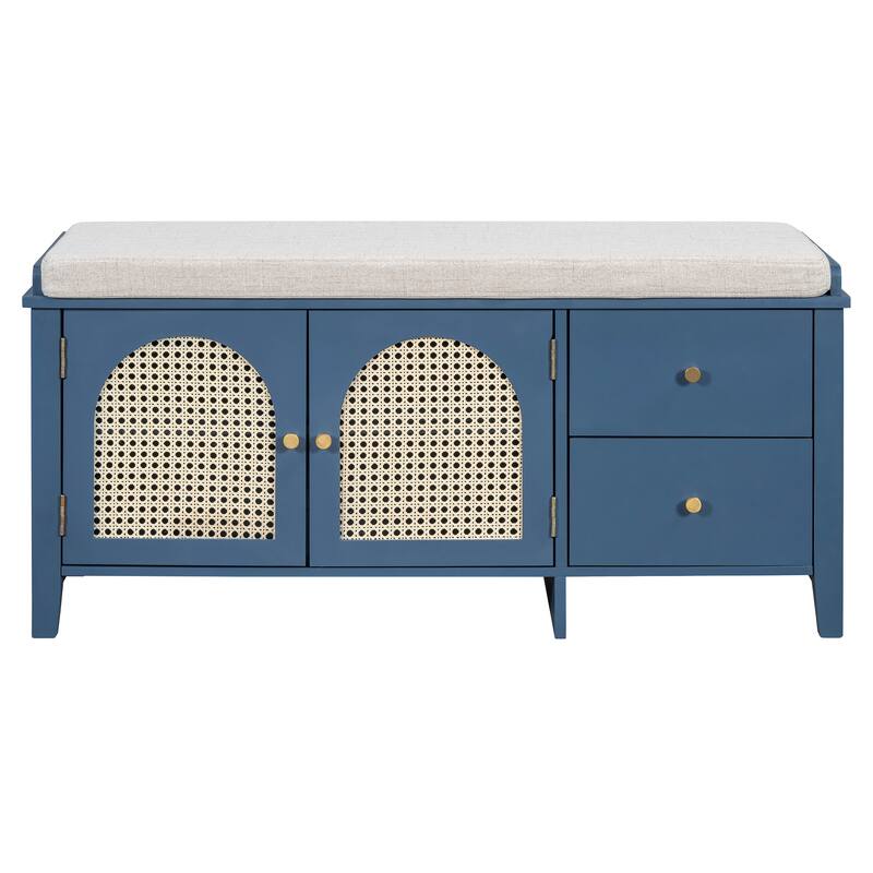 Wood Frame Bench with Shoe Storage, Shoe Bench with Rattan Arched Door and 2 Drawers Entryway Fabric Upholstered Bench