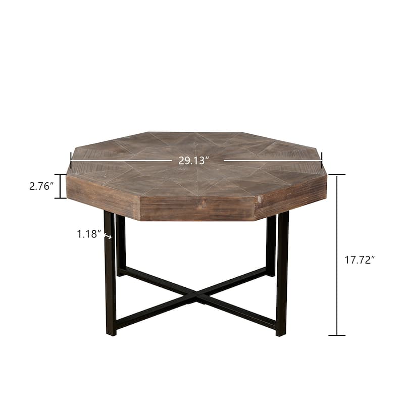 Octagonal Retro Patchwork Farmhouse Coffee Table with Wooden Tabletop Cross Metal Legs, for Living Room Antique Brown