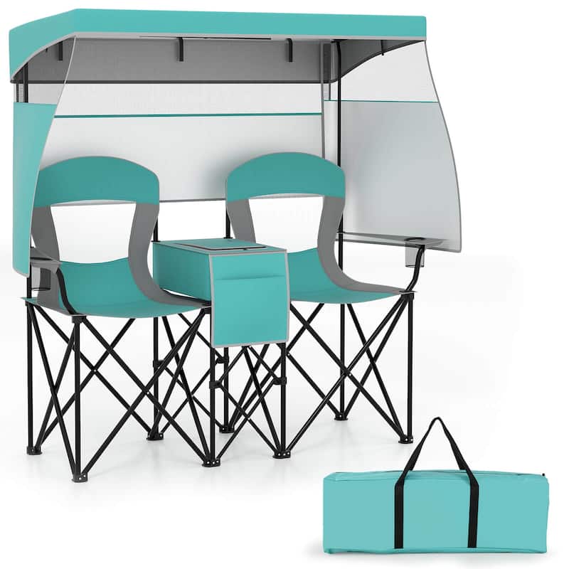 Costway Double Beach Chair with Adjustable Canopy Oversized Folding - Turquoise
