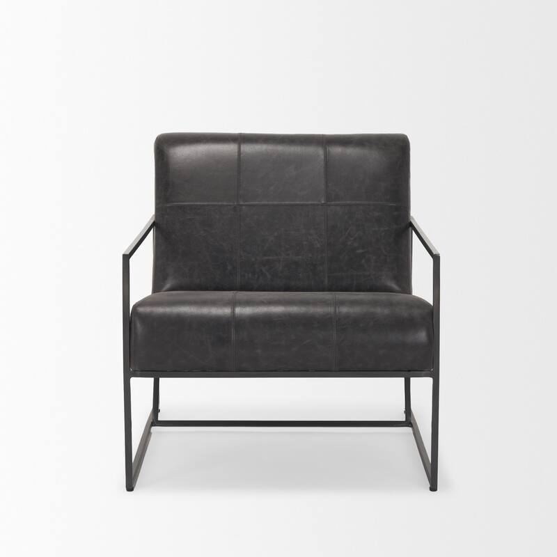 Stratton Gunmetal w/ Genuine Aged Black Leather Upholstered Accent Chair