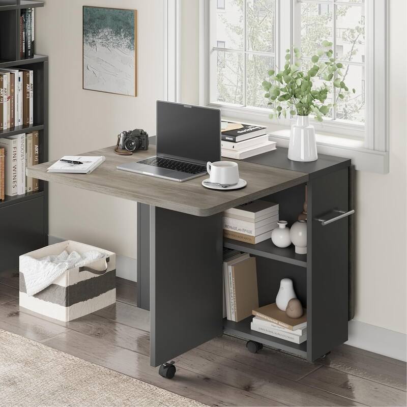 Folding Dining Table, Space Saving Farmhouse Dining Table for 4 Storage Shelf, 6 Wheels Multipose Expandable Kitchen