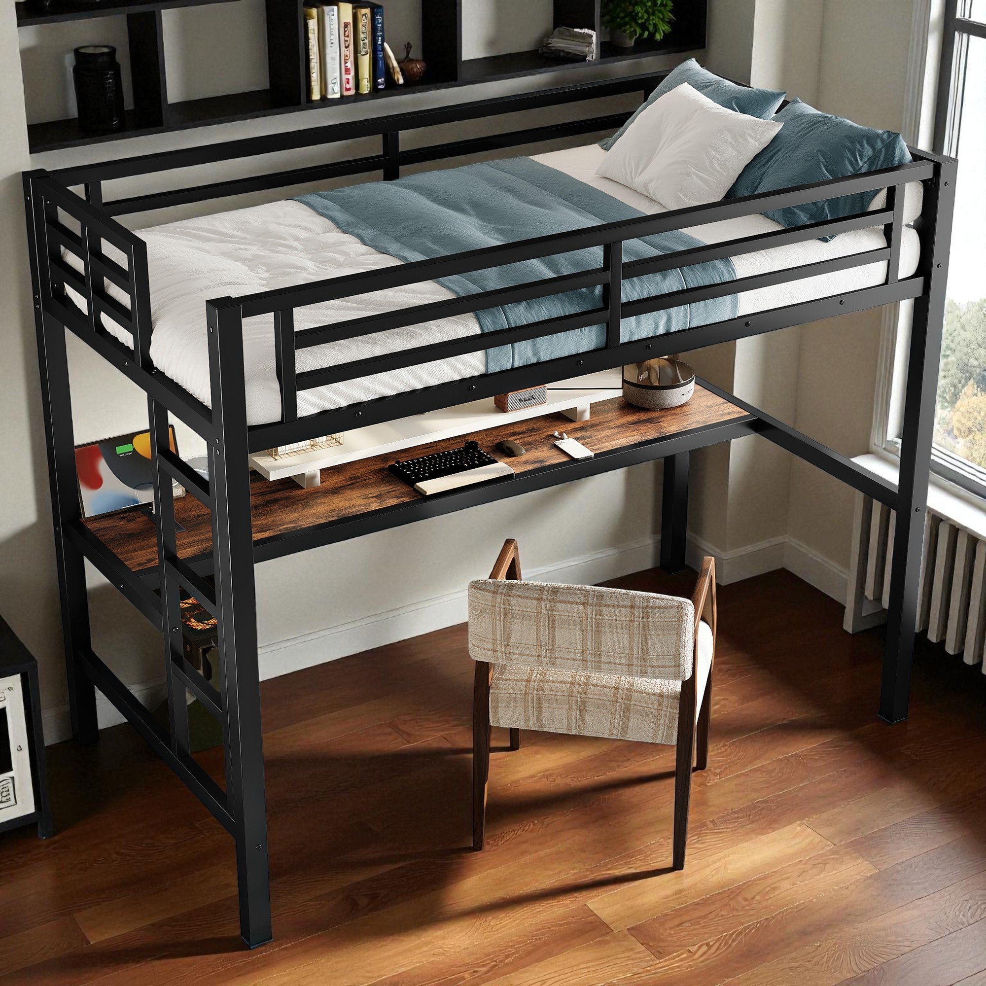 Twin Over Twin Metal Bunk Bed with Guardrails and Underbed Storage, Space-Saving Platform Frame for Bedroom, 77.6"x41.7"x64.6"