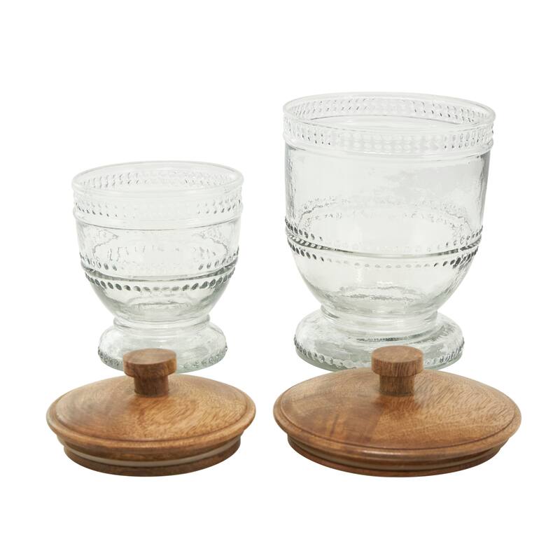 Clear Glass Beaded Living Room Decorative Jars with Wood Lids (Set of 2)
