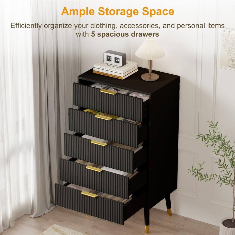Fluted 5 Drawer Dresser, with Gold Metal Handles
