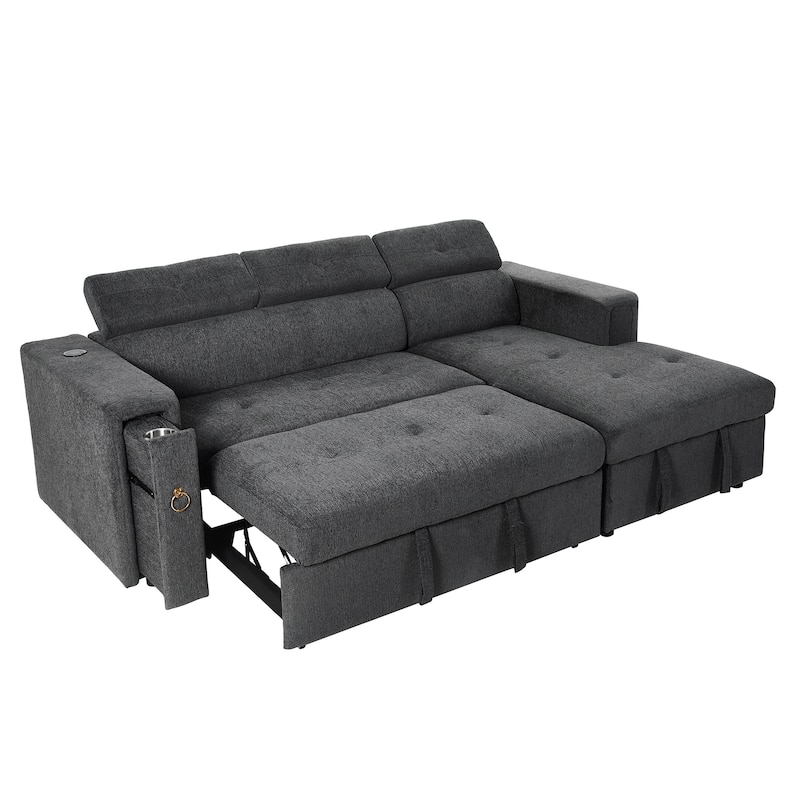 96" L-Shaped 3-Seat Sectional Sofa with Pull-Out Bed, Wireless Charging, and Hidden Storage with Cup Holders