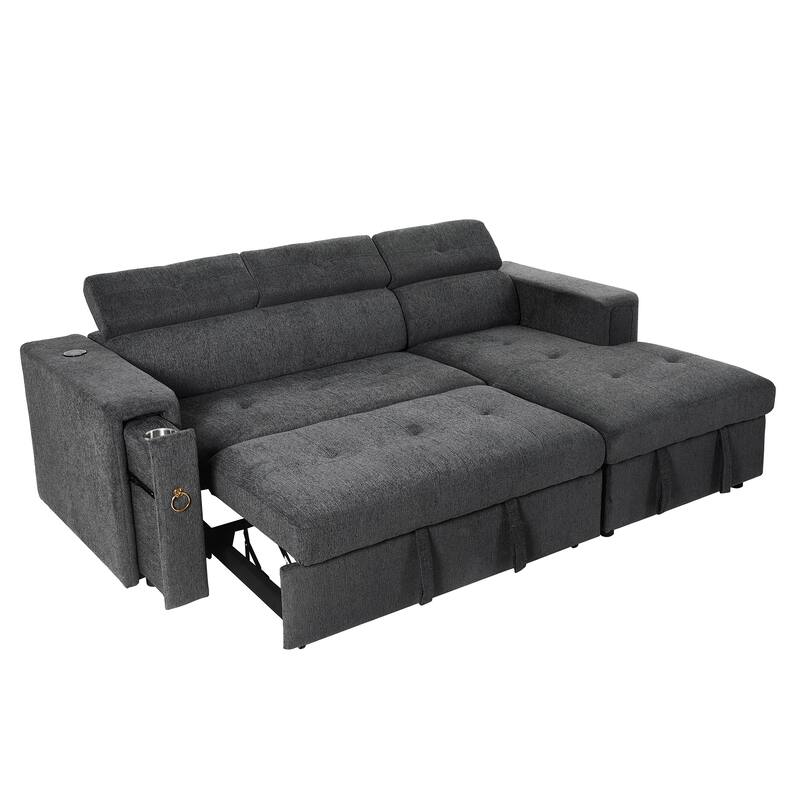 96" Linen L-Shaped Sectional Sofa Bed with Adjustable Headrest, Wireless Charging and Hidden Storage