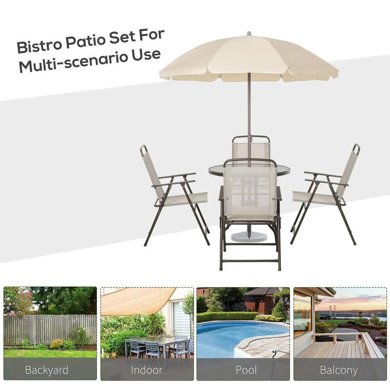 6-Piece Patio Dining Set, 4 Folding Chairs, Glass Table, Umbrella