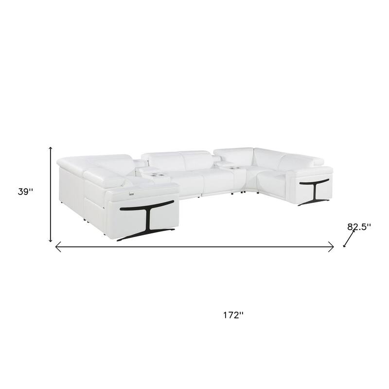HomeRoots White Italian Leather Power Reclining U Shaped Eight Piece Corner Sectional With Console