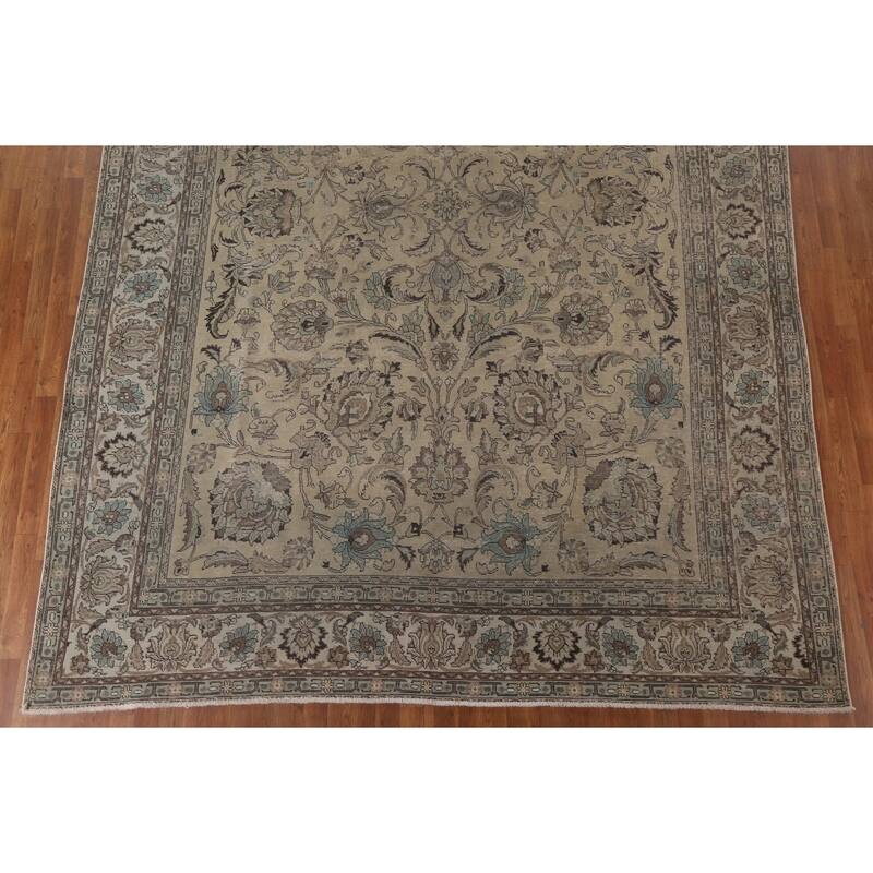 Distressed Tabriz Persian Vintage Area Rug Handmade Pink Wool Carpet - 9'7" x 12'10"