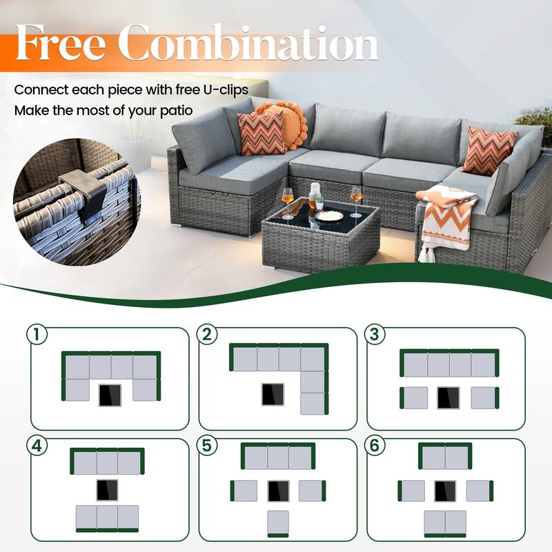 HOOOWOOO 10-piece Wicker Patio Furniture Sectional Sofa Set Swivel Rocker with Fire Pit Table