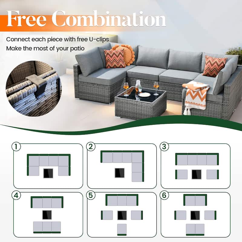 HOOOWOOO 9-piece Grey Rattan Outdoor Furniture Fire Pit Set with Swivel Chairs