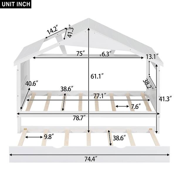 dimension image slide 1 of 6, Twin Size House Bed Wood Slats Platform Bed Creativity Kids Bed Frame with Skylight, Storage Shelf, Trundle Bed