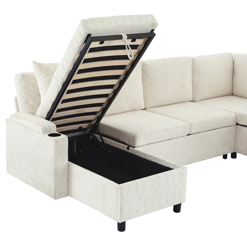 109.9" Chenille U-Shaped Sectional Sofa with Sofa Bed, Built-in Storage, Cup Holders and Charging Ports