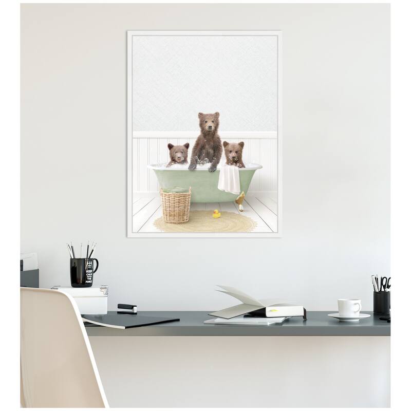 Kate and Laurel Sylvie Three Bear Cubs in Cottage Green Bath Framed Canvas by Amy Peterson