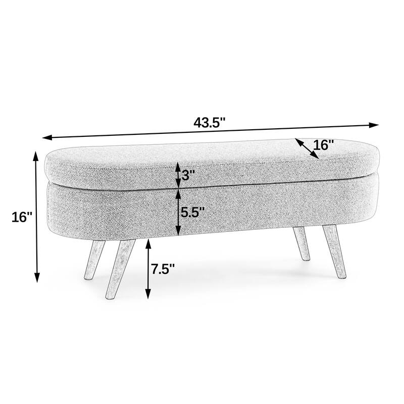 43.5 in. Oval Bedroom Bench Linen Fabric Upholstered Storage Ottoman Bench with Solid Wood Legs Entryway Bench