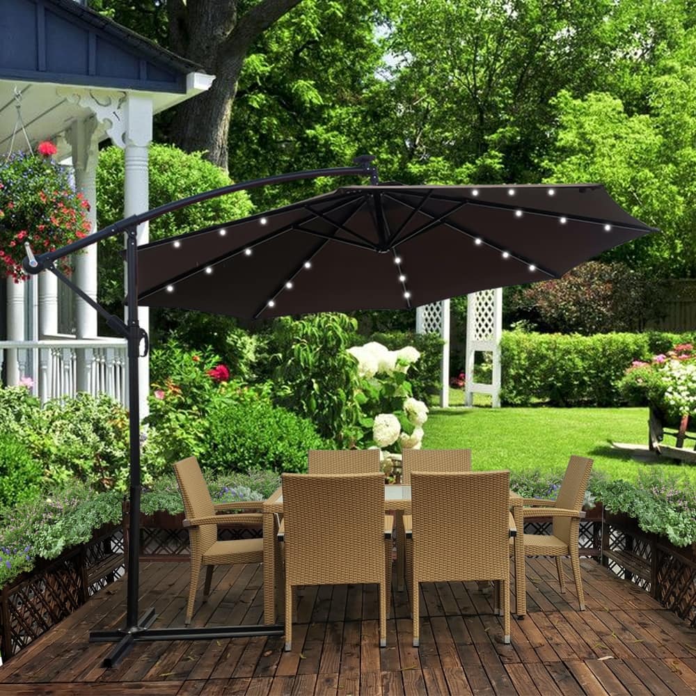 Outdoor Patio Umbrella Solar Powered LED Lighted Sun Shade Market Waterproof 8 Ribs Umbrella with Crank and Cross Base