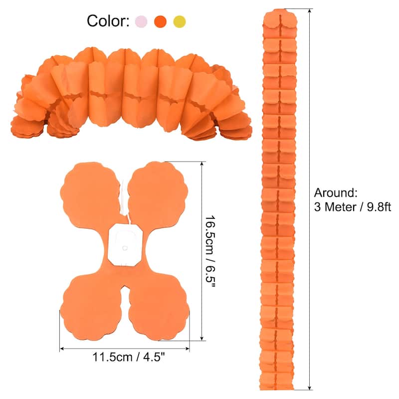 6Pcs 9.8ft Four-Leaf Paper Flower Garland Hanging Streamers 3 Color - Orange,Yellow,Coral