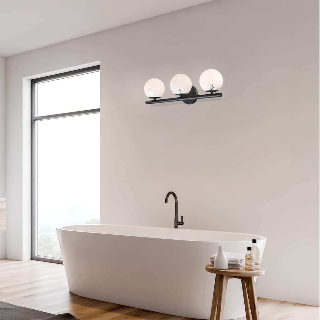 Crown Heights 25 in. 3-Light Matte Black Vanity LIght with White Art Glass Shades