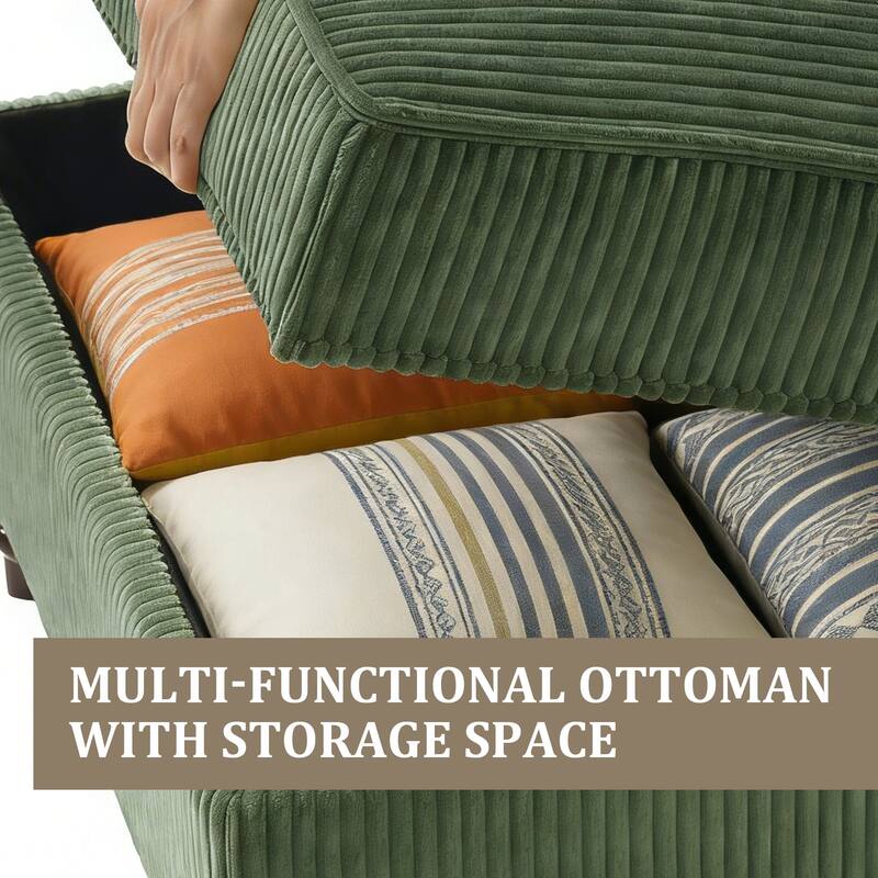 130"W Corduroy Upholstered Modular Sectional Sofa with Storage Ottoman