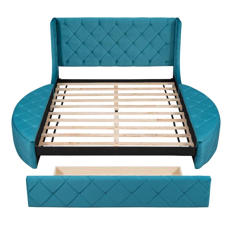 Upholstered Platform Bed Queen Size Storage Velvet Bed with Wingback Headboard and 1 Big Drawer,2 Side Storage Stool(Beige) - N/A