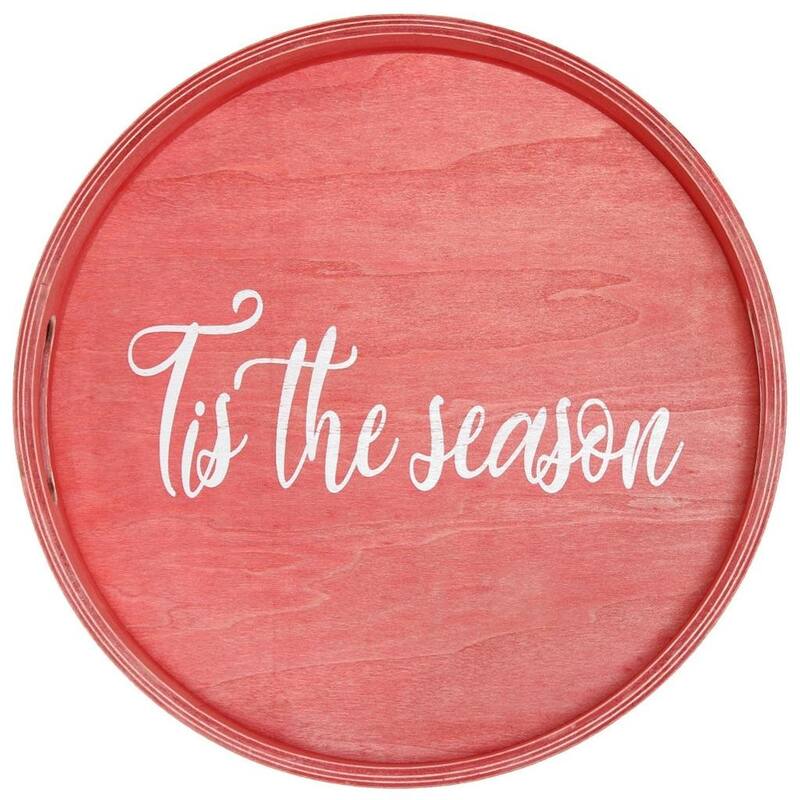 HomeRoots 14" Red And White Tis The Season Round Serving Tray With Handles - 13.75 in. x 1.65 in. x 13.75 in.