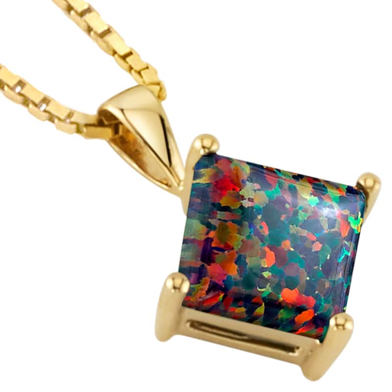 14k Yellow Gold Gold Princess Cut Created Black Opal Pendant