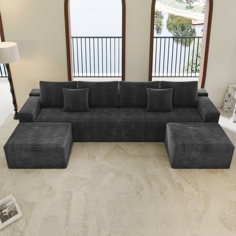 Modular Sectional Sofa with Chaise Lounge, Oversized Corduroy Upholstered 6 Seater Sofa, Full Compressed Boneless Couch - Grey