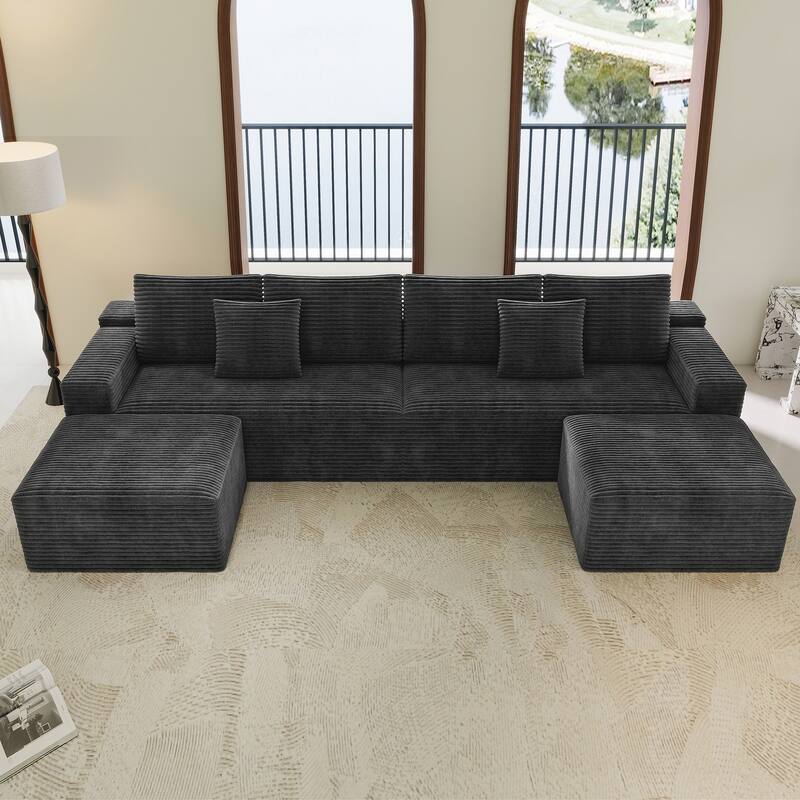 U Shaped Modern Sofa Modular Sectional Cloud Couch with 2 Ottoman, Deep Seat Couches Corduroy Fabric Sofa for Living Room