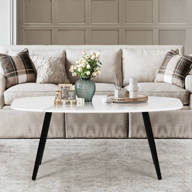 Homylin 43" Modern Faux Marble Coffee Table with Black Metal Legs - White