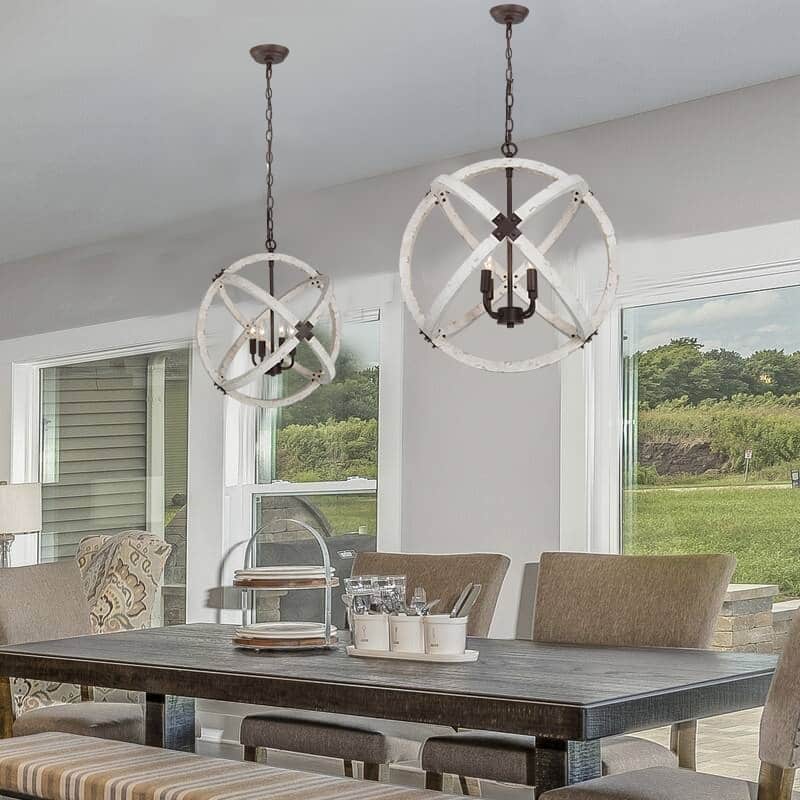 Loby Farmhouse 4-light Large Orb Solid Wood Chandelier Traditional Globe Dining Room Light - Off White +ORB