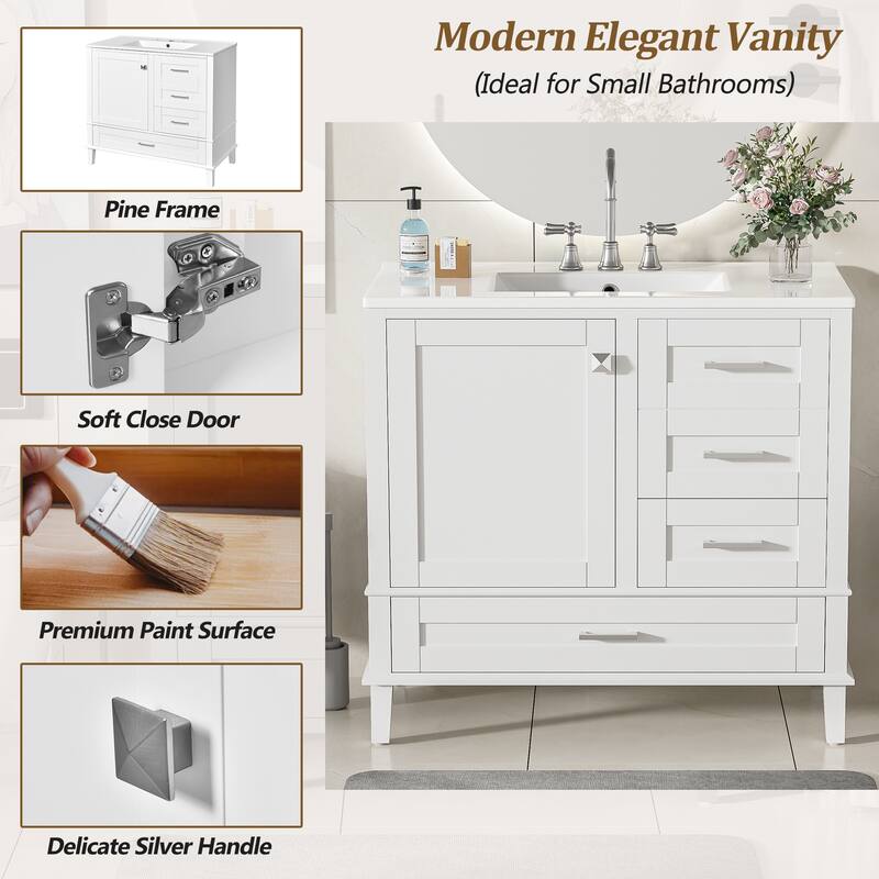 Simple Freestanding Bathroom Vanity Storage Cabinet with 3 Drawers of Different Sizes, Soft Close Door and Metal Handles