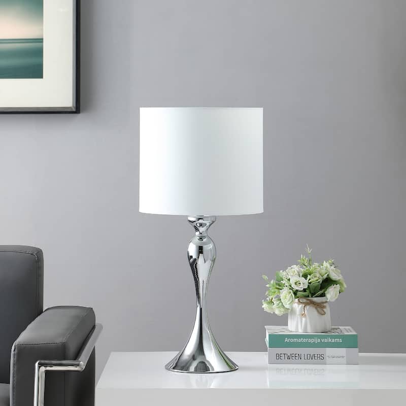 25" Modern Metal Table Lamp with White Drum Shade and Candlestick Design Base Shape In-Line Switch - 24.5"H x 12"W x 12"D